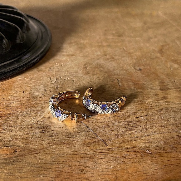 NEW tanzanite CZ gold half moon hoop earrings hoops gemstone - Picture 5 of 15